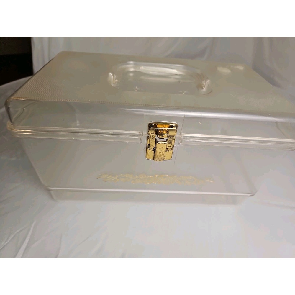 Vintage Will Hold Clear Lucite Sewing Box Gold Floral Craft Storage Carry Case